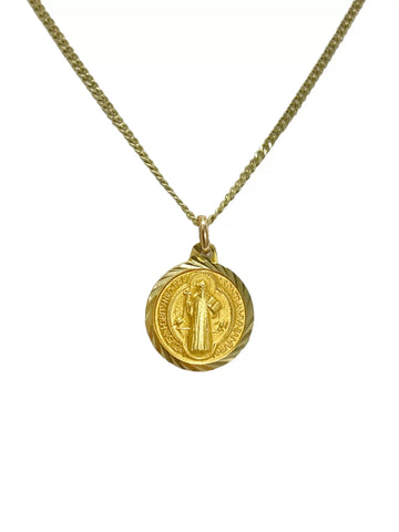 CADENA CON MEDALLA SAN BENITO MATE CONTORNO DIAMANTADO -  ORO 10K