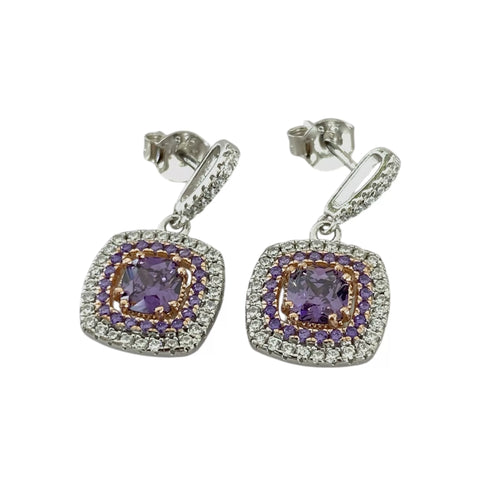 ARETE CUADRO COLGANTE LILA Y ROSA - PLATA .925