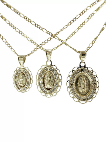 CADENA CON MEDALLA VIRGEN DE GUADALUPE OVALADA MARGEN ONDAS (3 TAMAÑOS) - ORO 10K
