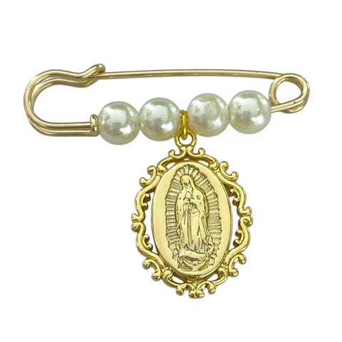 PIN FISTOL BROCHE CON MEDALLA DE CHAPA DE ORO - VIRGEN DE GUADALUPE (GRANDE)