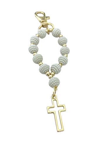 LLAVERO - MISTERIO DE PERLA BORREGO CON CRUZ SILUETA