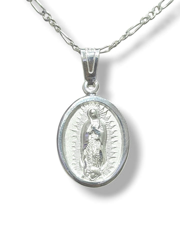 CADENA CON MEDALLA VIRGEN DE GUADALUPE - BISEL LISO - MATE - PLATA .925